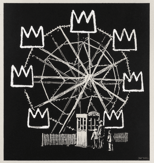 White Ferris Wheel with Basquiat crowns - Banksy cover